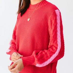 Nancy Red With Pink Stripe Cozy Cable Knit Sweater